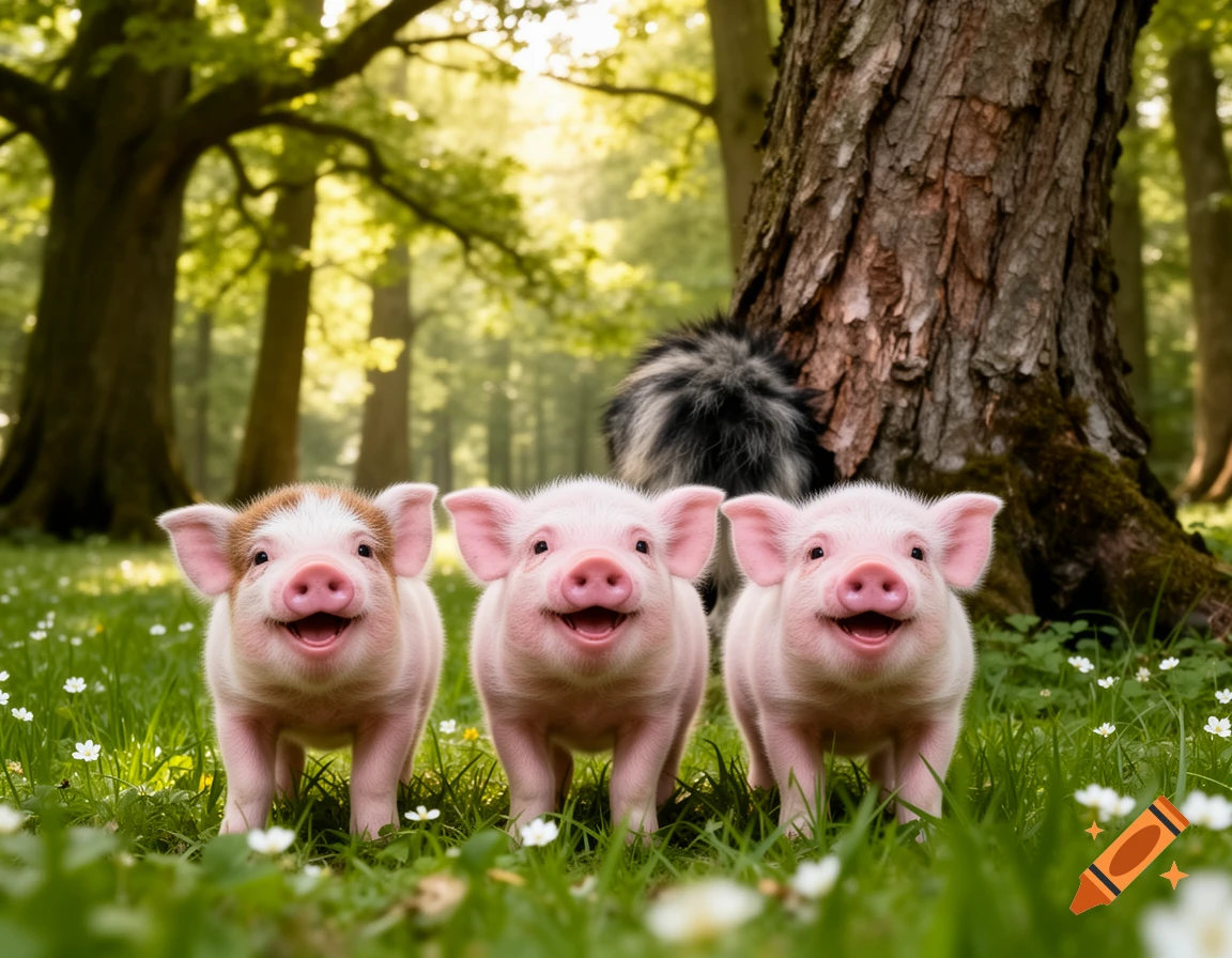 Three smiling baby pigs stand in a grassy forest with a wolf's striped tail peeking from behind a tree, photorealistic style.