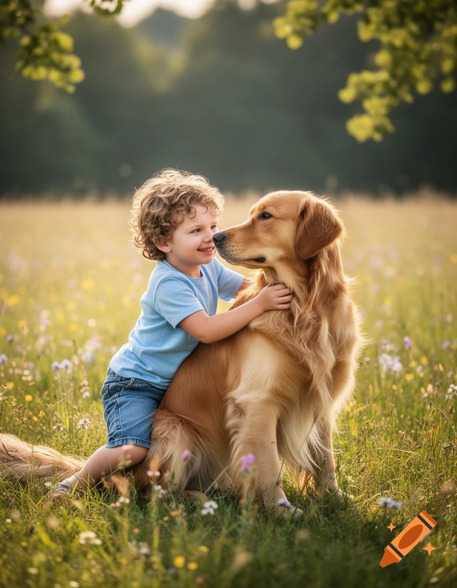 A curly-haired child hugs a golden retriever in a sunlit field filled with wildflowers, a forest in the background.