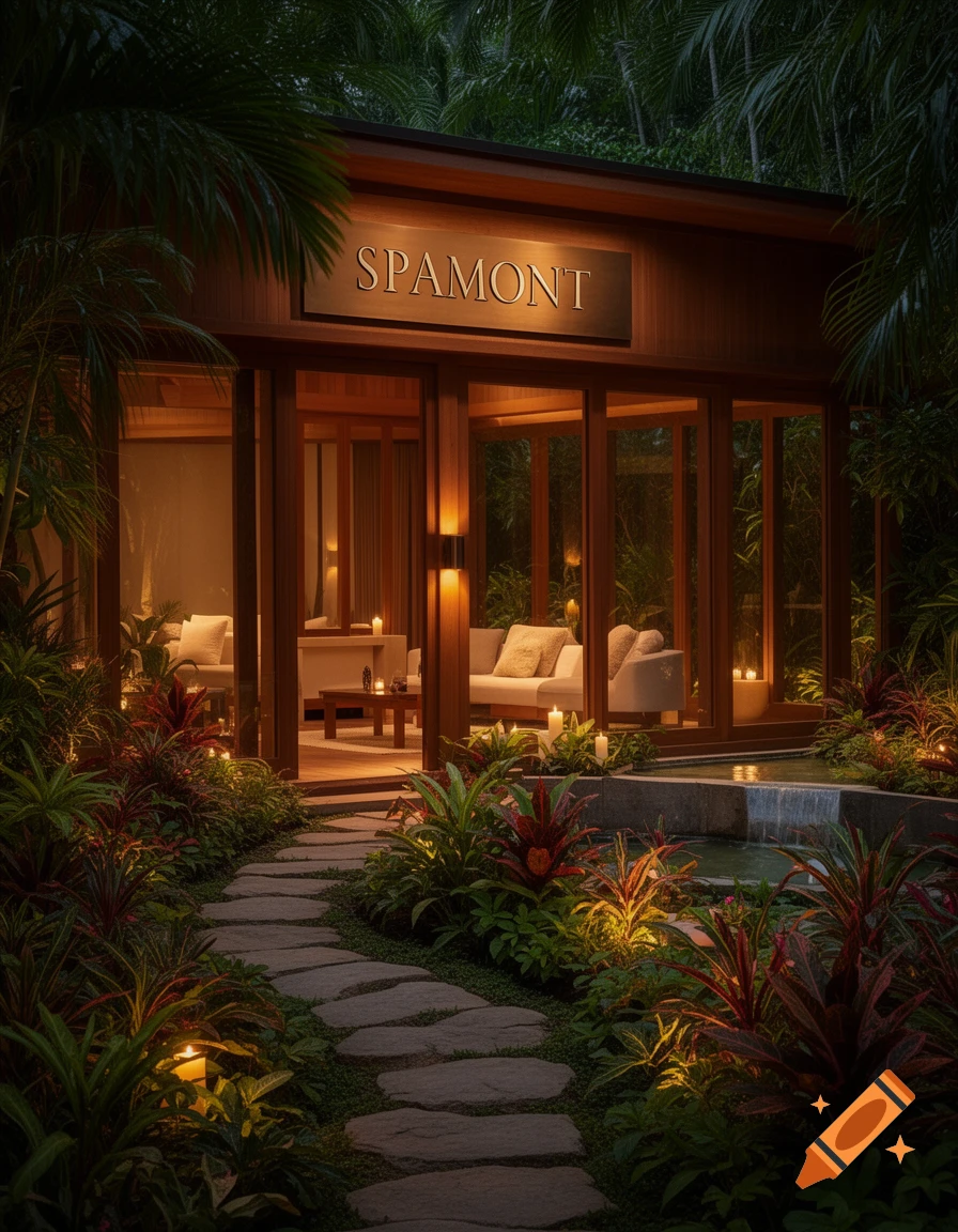 Tranquil wooden spa building with illuminated interiors, a stone path, and a small waterfall, surrounded by lush tropical plants at dusk.