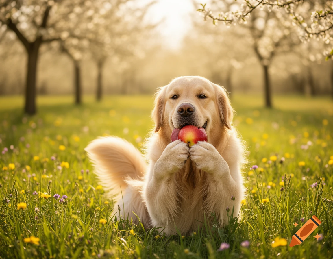 A happy Golden Retriever dog sitting in a sunny field of green grass and wildflowers, holding a red apple in its mouth.
