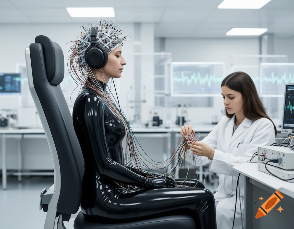A woman in a black latex suit and an EEG cap with headphones sits in a lab chair while a scientist wires her up in a modern research lab.