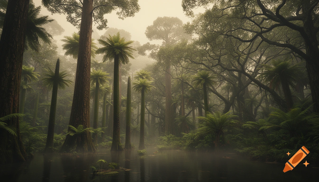 A realistic photo of a misty prehistoric Carboniferous swamp forest with giant clubmosses and horsetails emerging from dark water.