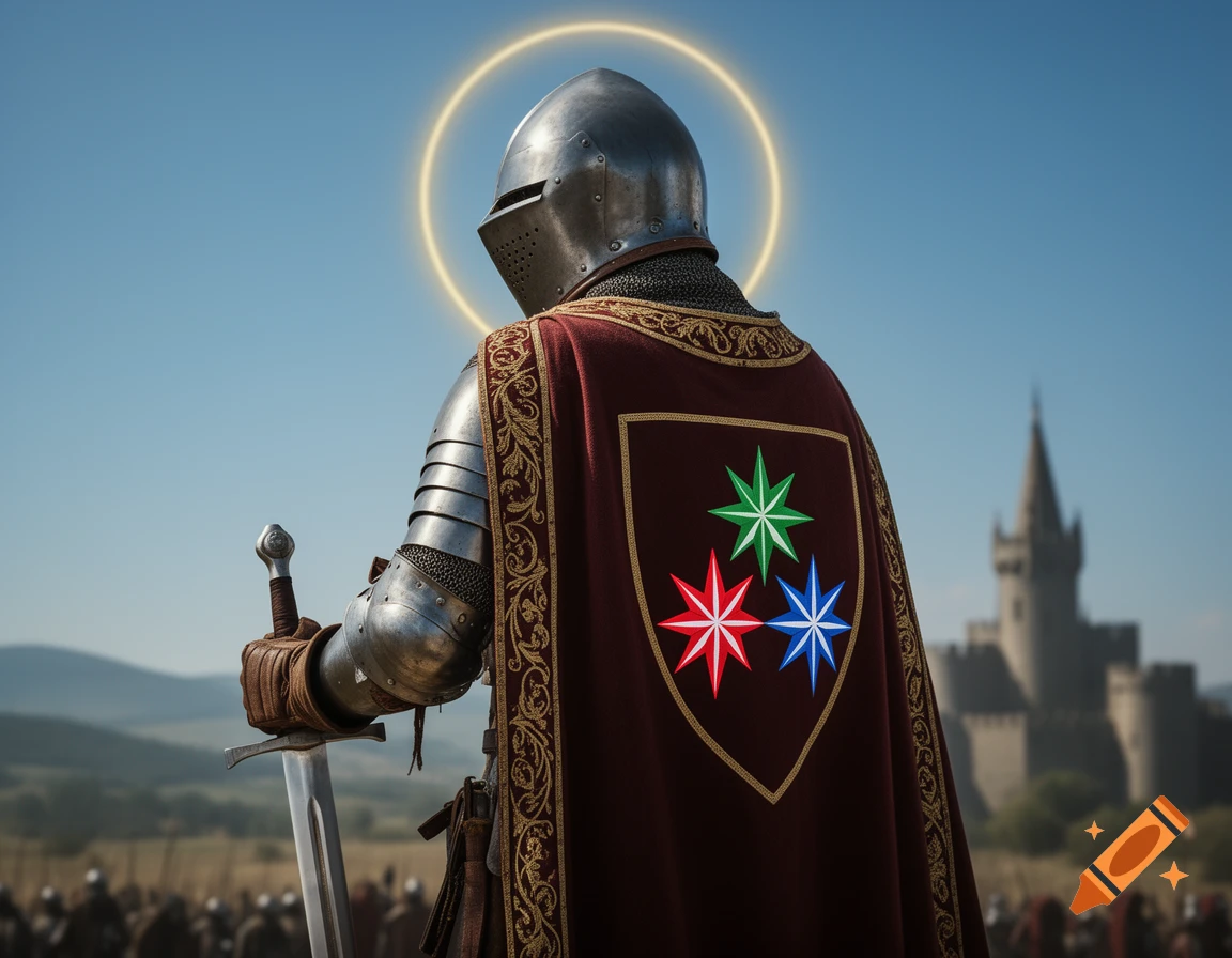 Photorealistic medieval knight with a golden halo, seen from behind, holding a sword. He wears a dark red cape with a star emblem, facing a distant castle.