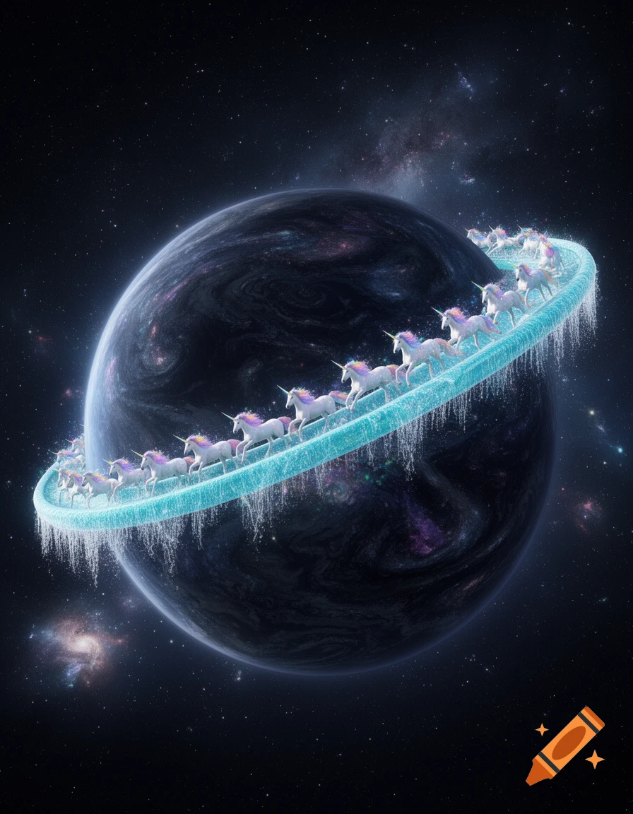 A dark, galaxy-patterned planet in space with a ring-like water slide carrying numerous white unicorns.