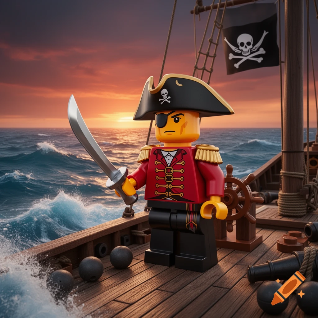 A 3D rendered Lego pirate captain with an eyepatch and sword stands on a ship deck during sunset, with ocean waves splashing.