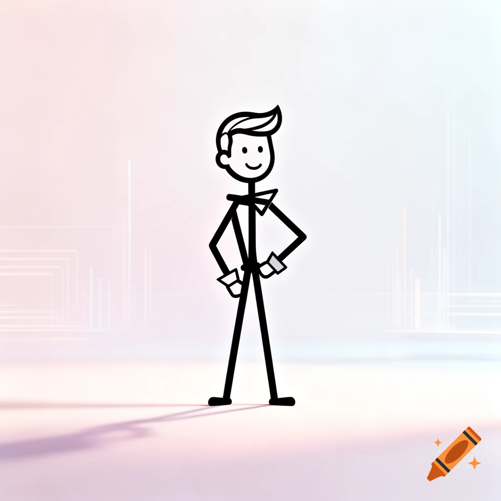 A smiling stick figure man with hair, a bowtie, and gloves stands with hands on hips against a light, soft gradient background.