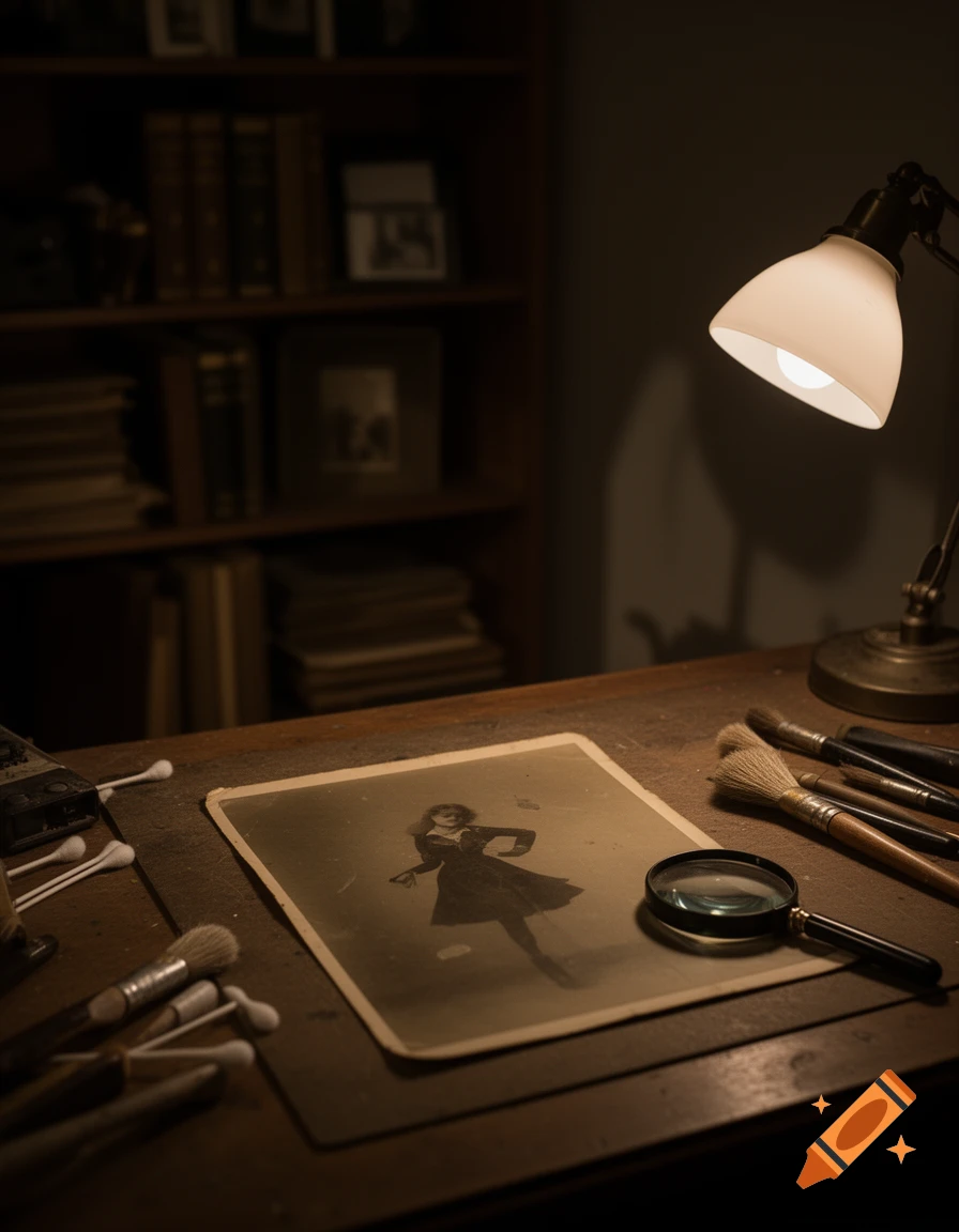 A vintage photograph of a woman in a dress lies on a wooden desk next to a magnifying glass and brushes, illuminated by a desk lamp.