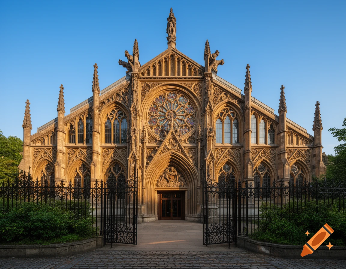 Ornate English Gothic building facade with a rose window and spires, bathed in golden sunlight, with a decorative gate.