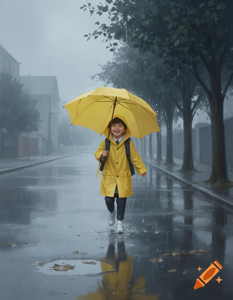 A happy child in a yellow raincoat and matching umbrella walks down a wet city street in the rain, digitally painted.