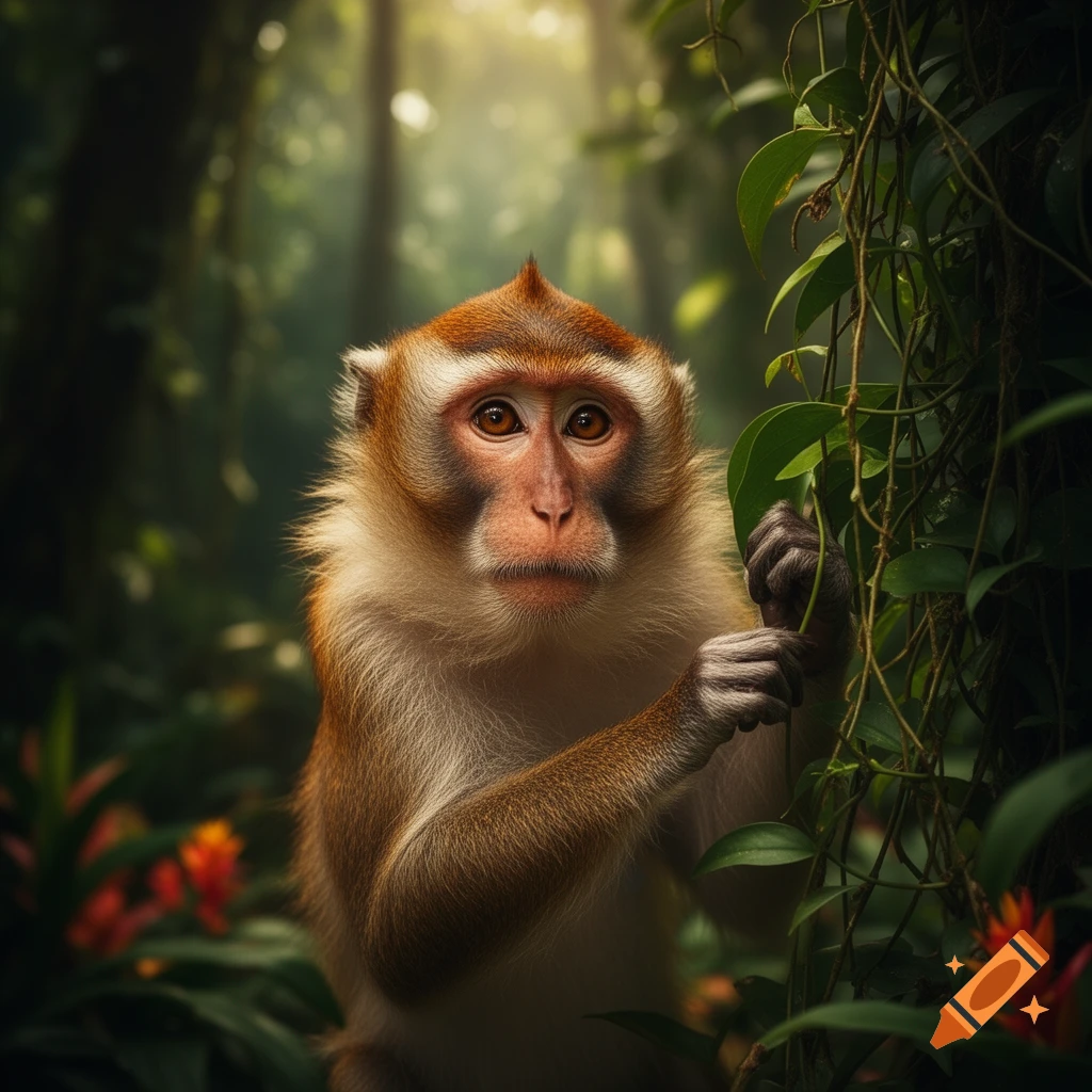 A photorealistic close-up of a long-tailed macaque monkey with warm brown fur in a lush green jungle, holding vines.