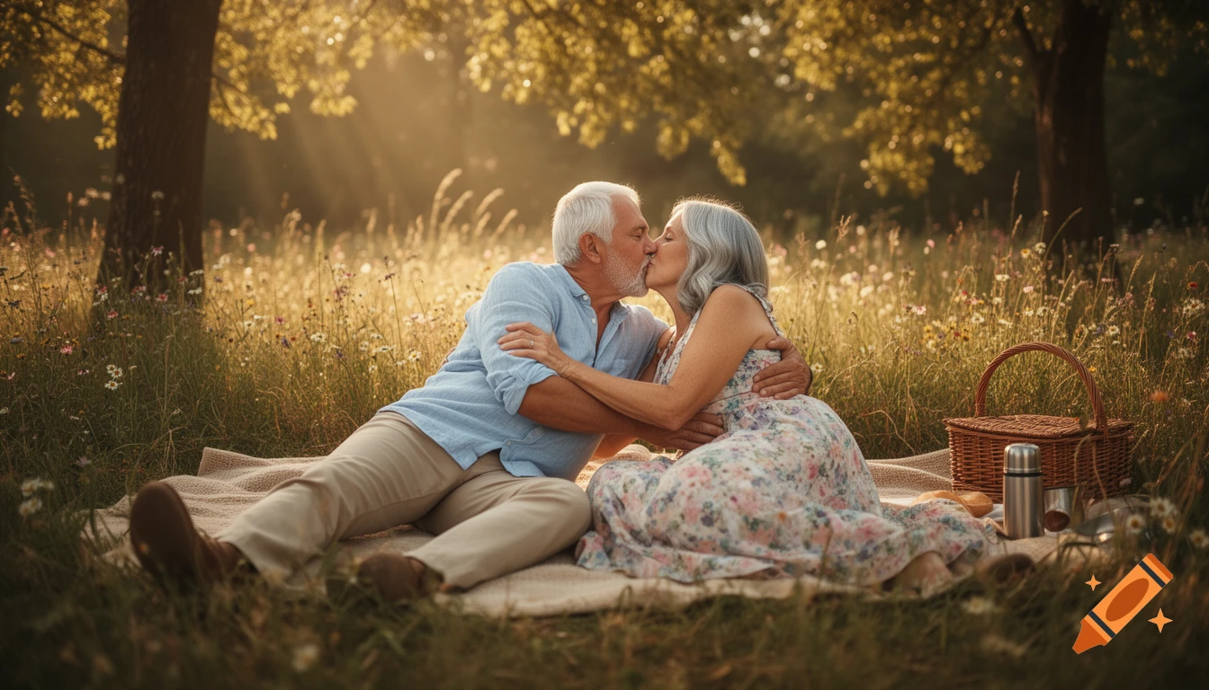 Photorealistic image of a senior couple kissing passionately on a picnic blanket in a sunlit meadow with wildflowers.