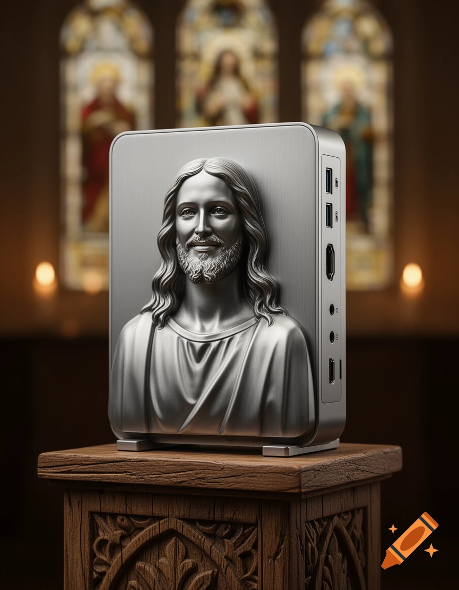 A silver computer case with a metallic bust of Jesus Christ on its front, sitting on a carved wooden pedestal in a church setting with blurred stained-glass windows in the background.