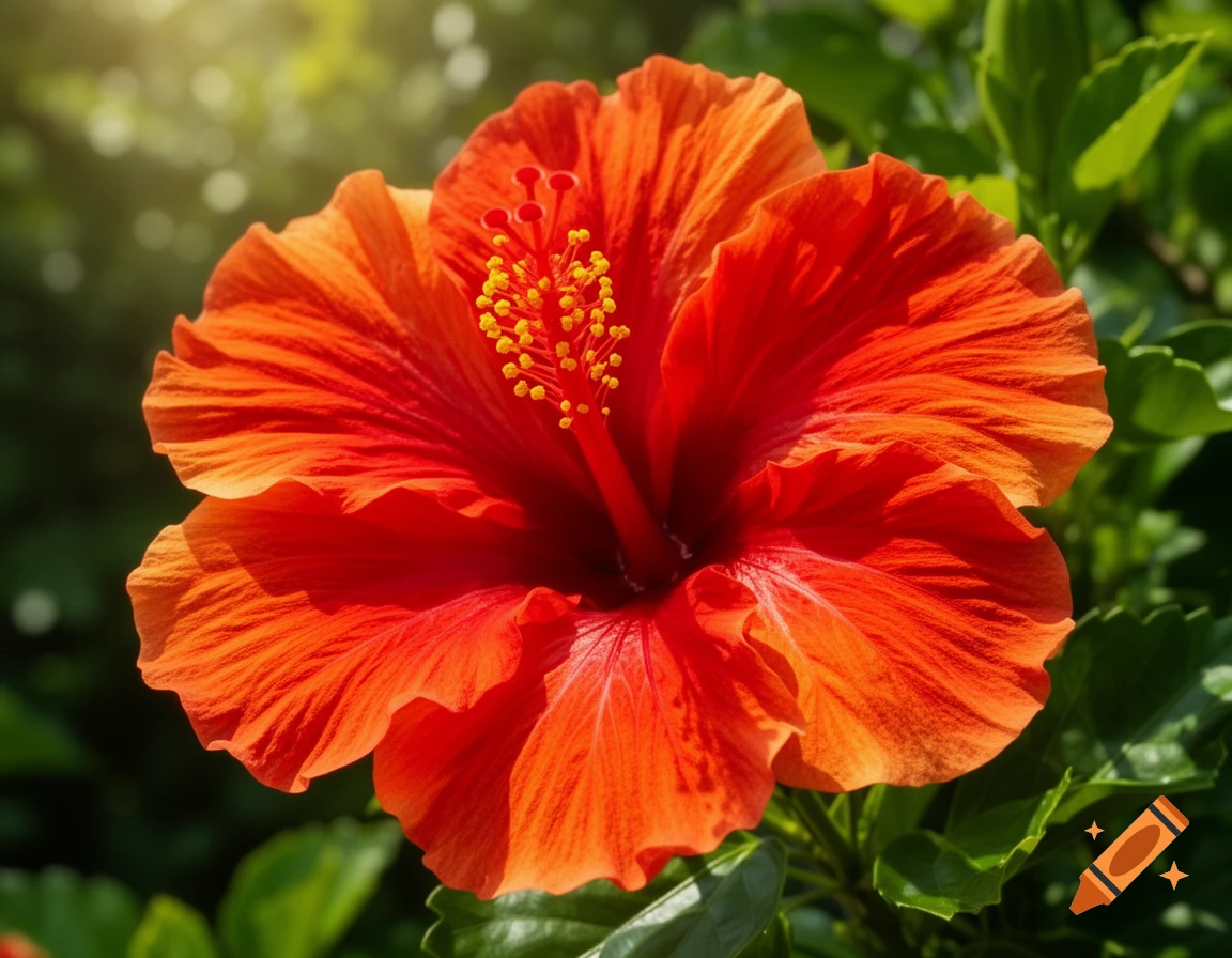 A close-up, vibrant red-orange hibiscus flower with yellow stamens and a green leafy background, under bright sunlight.
