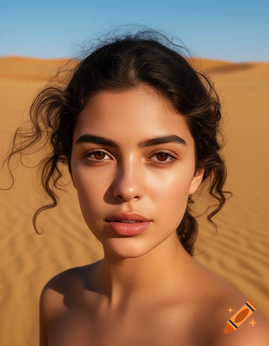 Photorealistic portrait of a young woman with dark hair in a desert setting, looking at the camera.