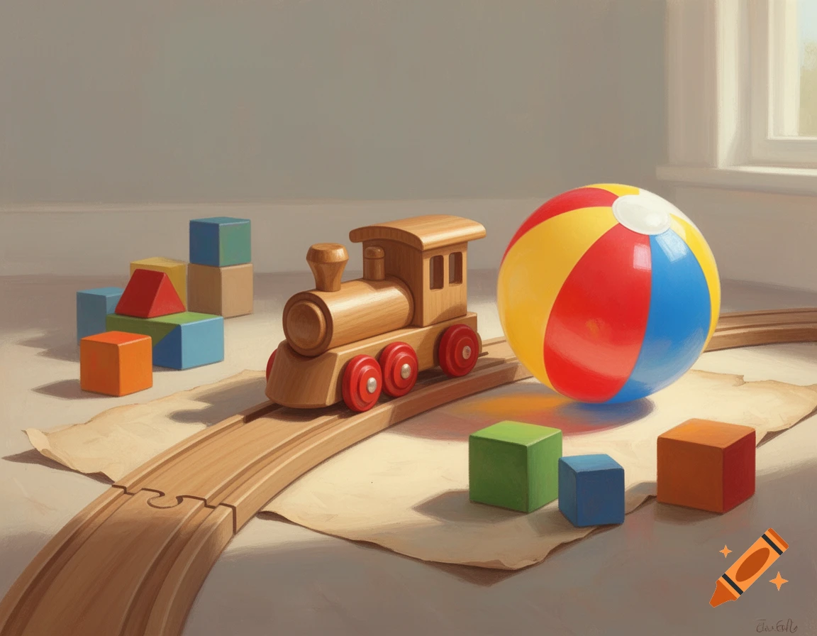A painted still life of a wooden toy train, colorful blocks, and a striped beach ball on paper on the floor.