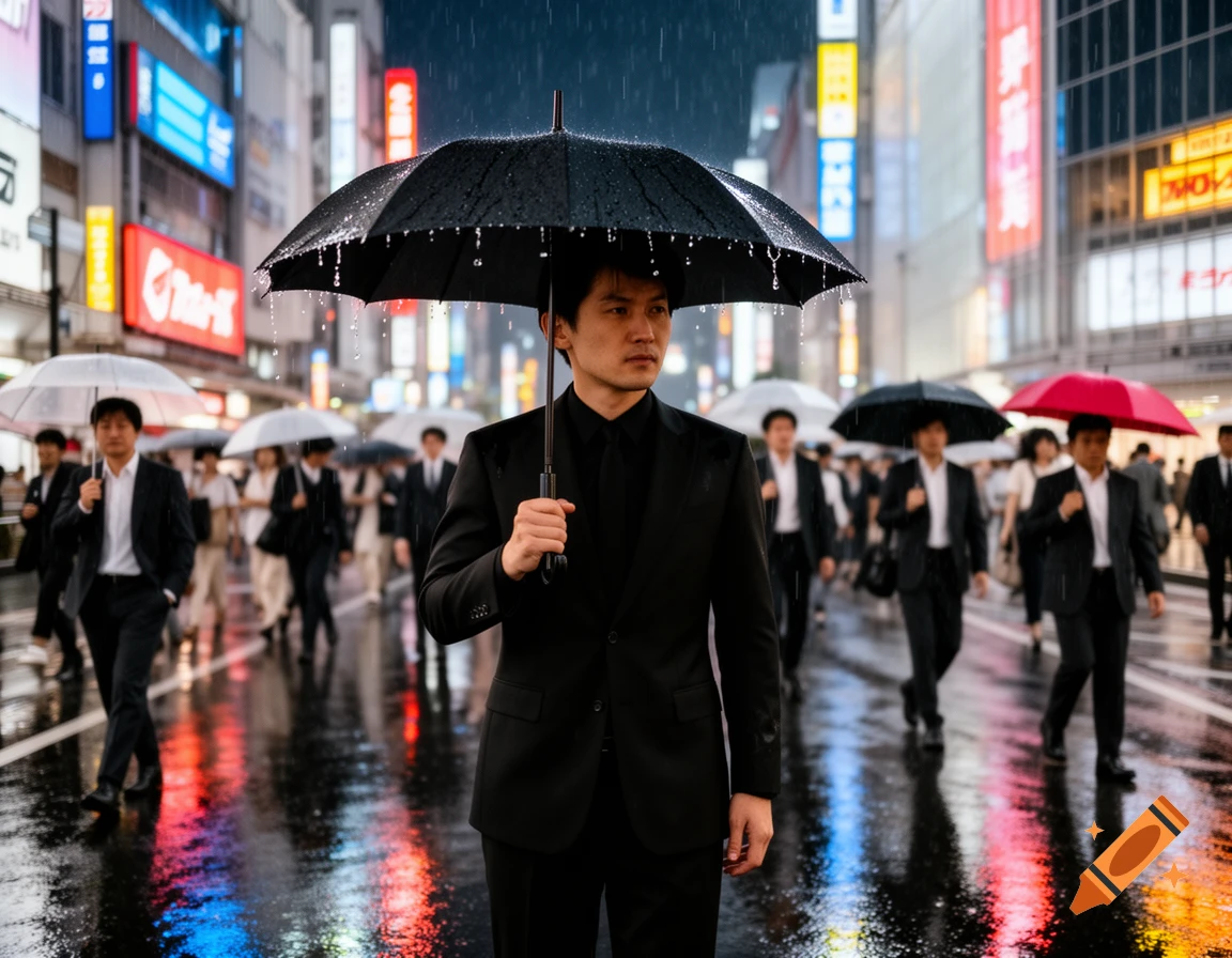 A man in a black suit holds an umbrella while walking in the rain on a Tokyo street at night, with illuminated signs and reflections.