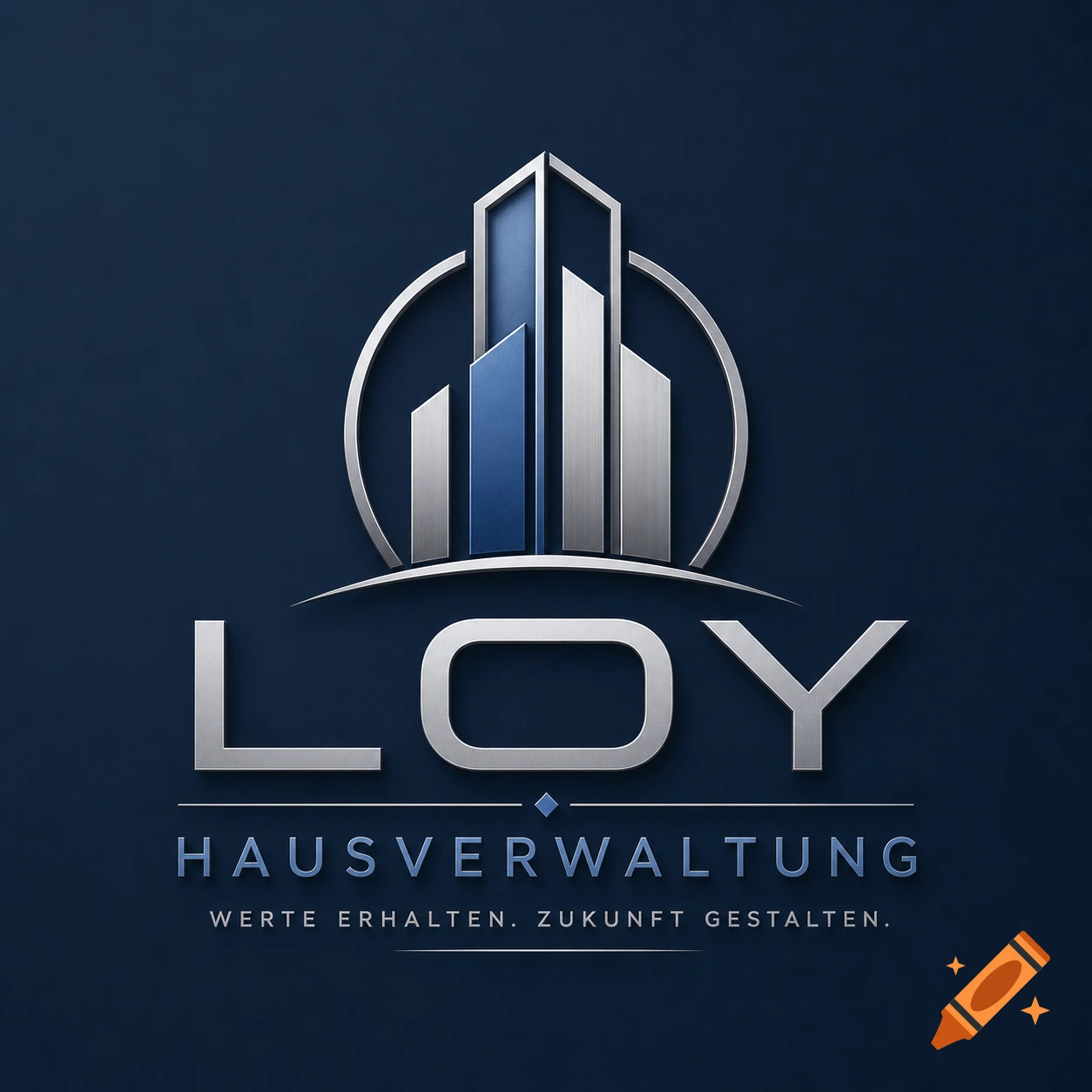 3D metallic logo for Loy Hausverwaltung featuring stylized buildings against a dark blue background.