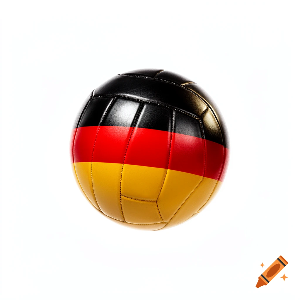 A close-up, photorealistic image of a volleyball colored with the black, red, and gold stripes of the German flag, against a white background.