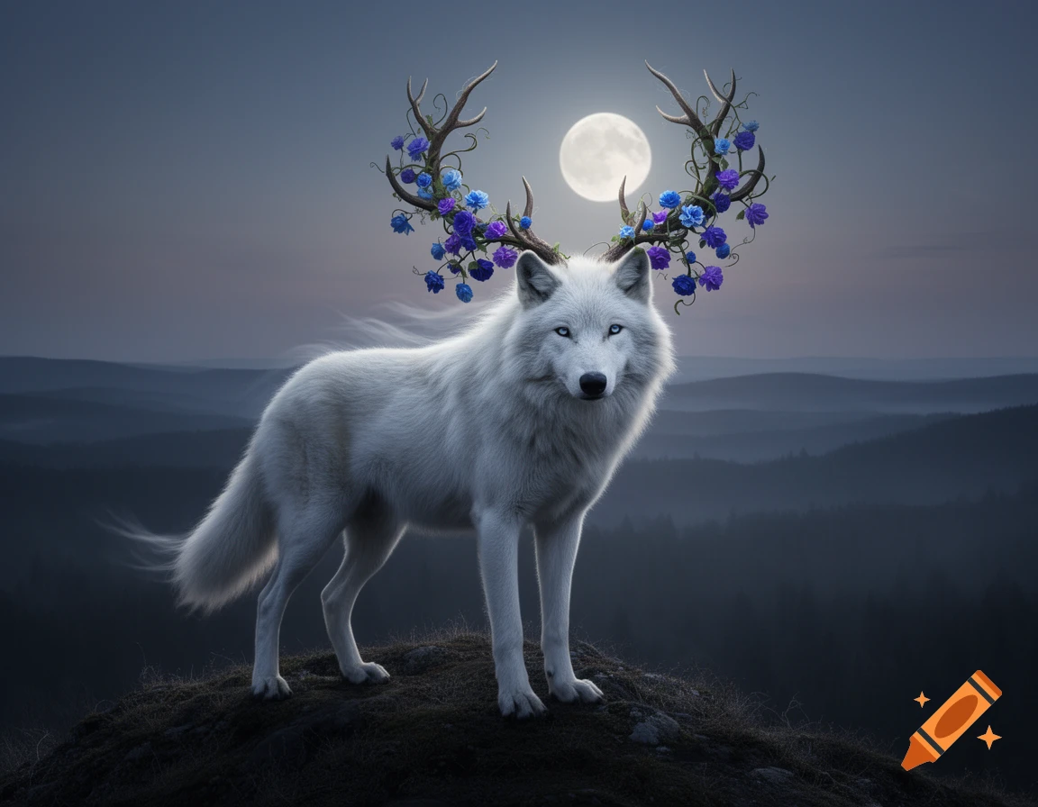 A majestic white wolf with blue eyes stands on a dark hill, its antlers adorned with blue and purple flowers, under a full moon and a dusky sky over mountains.