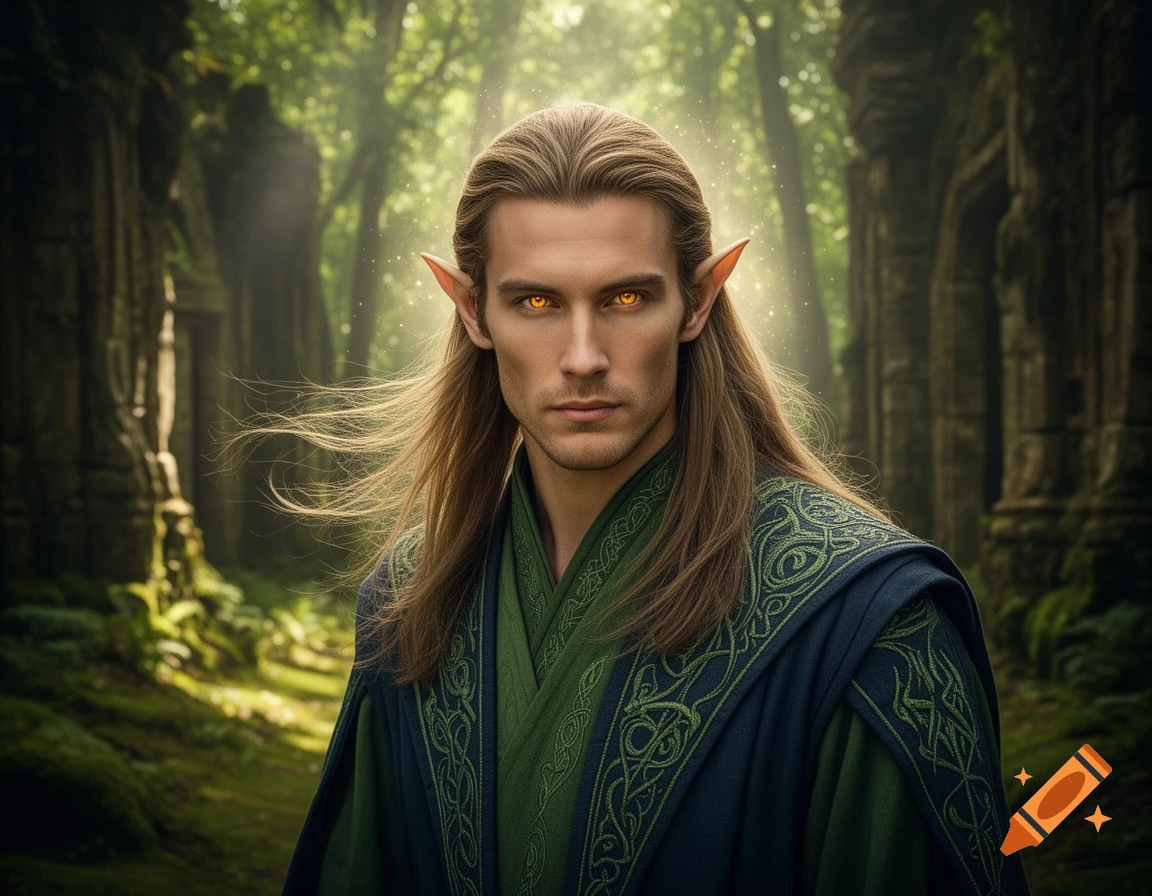 A male elf sorcerer with long light brown hair and glowing amber eyes, wearing green and blue robes, stands in a magical forest.