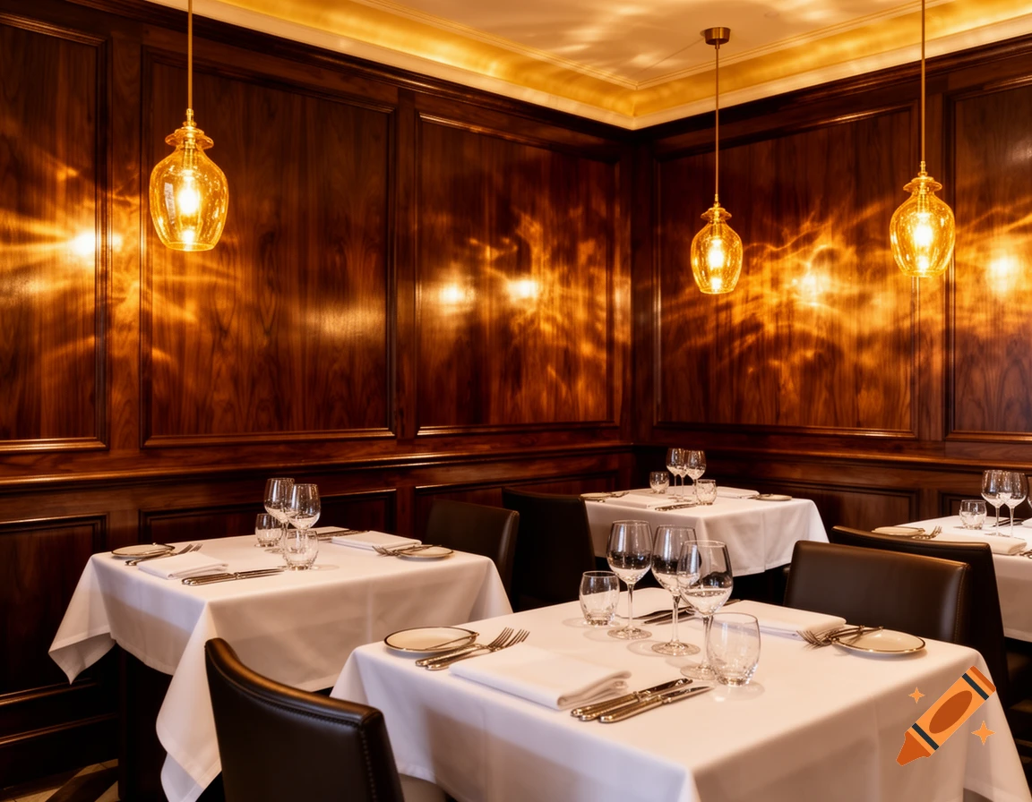 Photorealistic luxury restaurant interior with dark wood paneled walls, warm amber pendant lights, and elegantly set white-clothed dining tables.