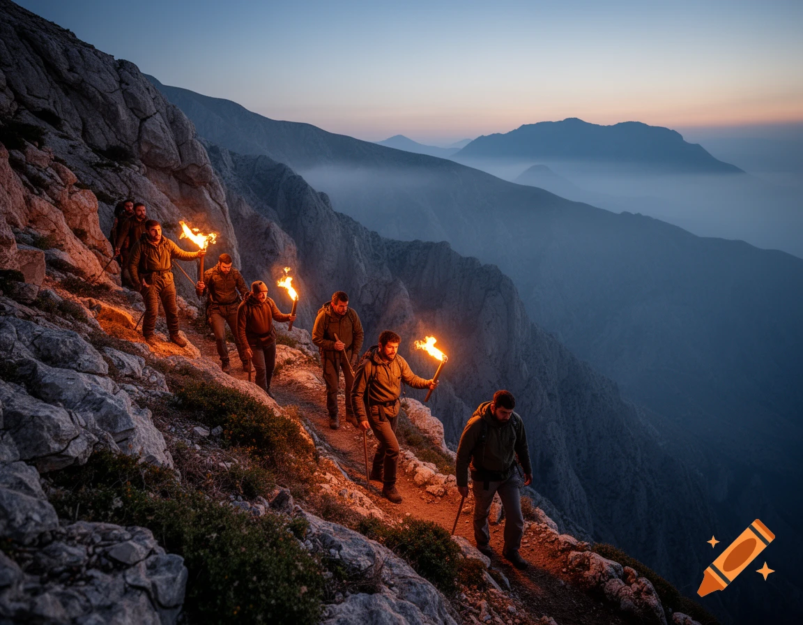 Men hike a rocky mountain path at dusk, holding flaming torches with a misty mountain range in the background. Photorealistic style.