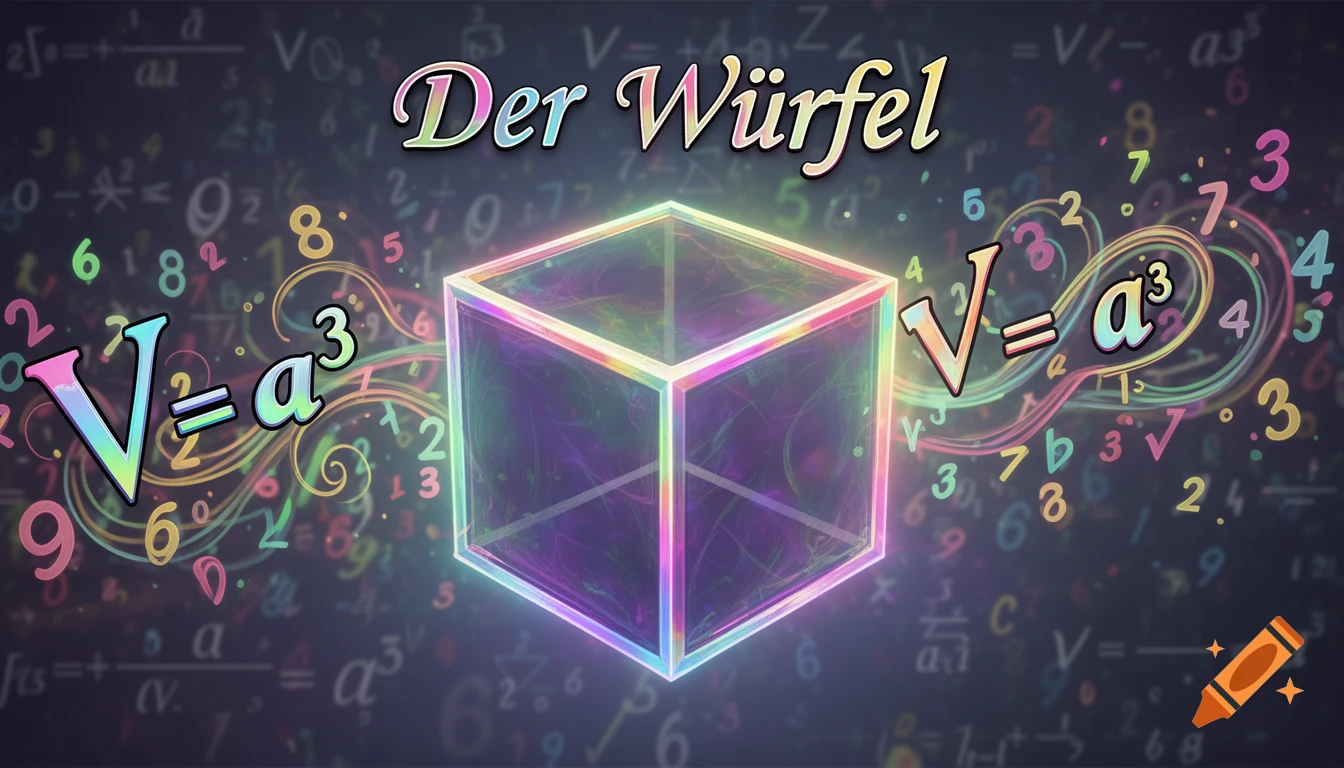 A glowing, neon wireframe cube with the title "Der Würfel" and "V=a³" formulas surrounded by colorful mathematical symbols.
