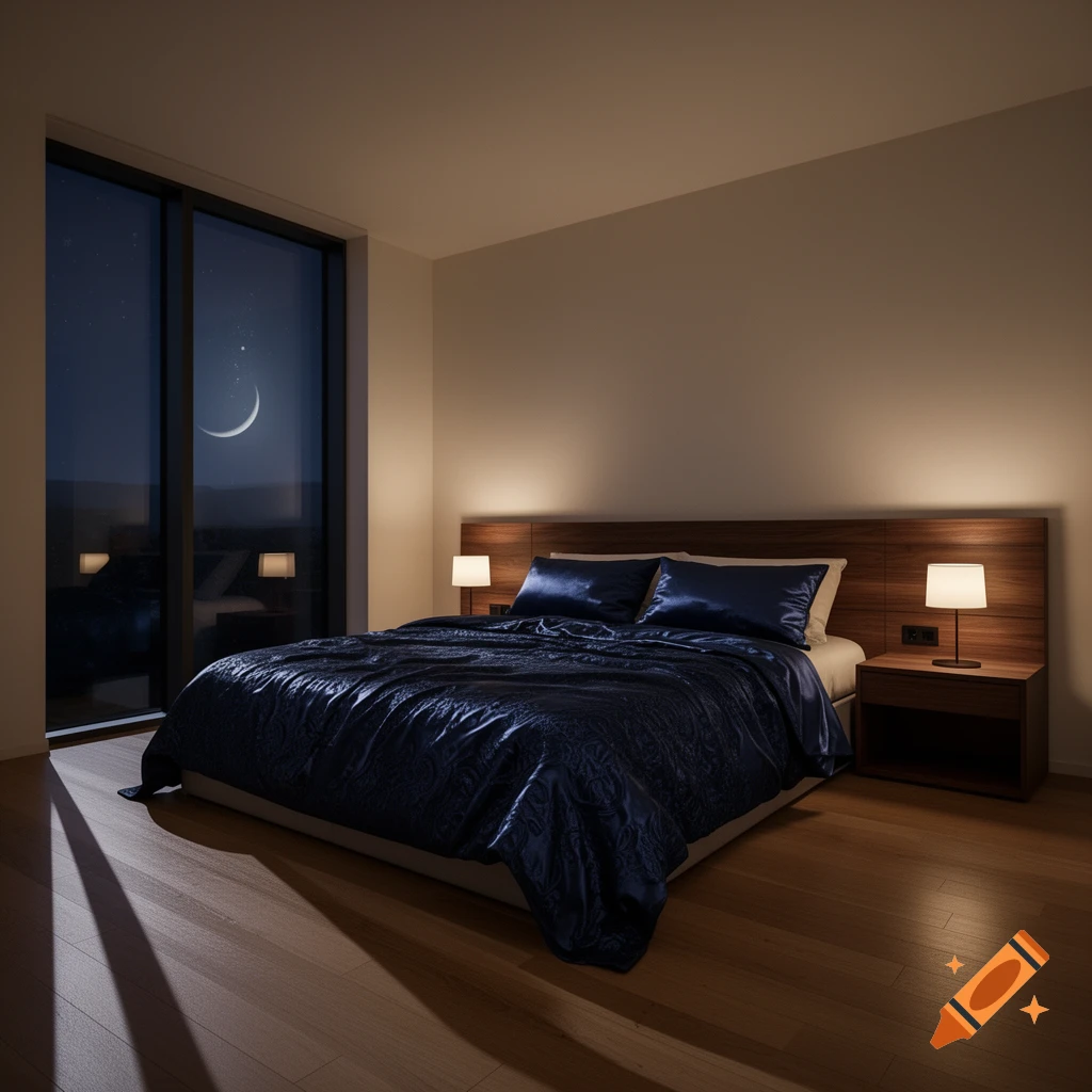A modern bedroom at night with a large bed featuring dark blue bedding and two lit bedside lamps. A window reveals a crescent moon and stars.