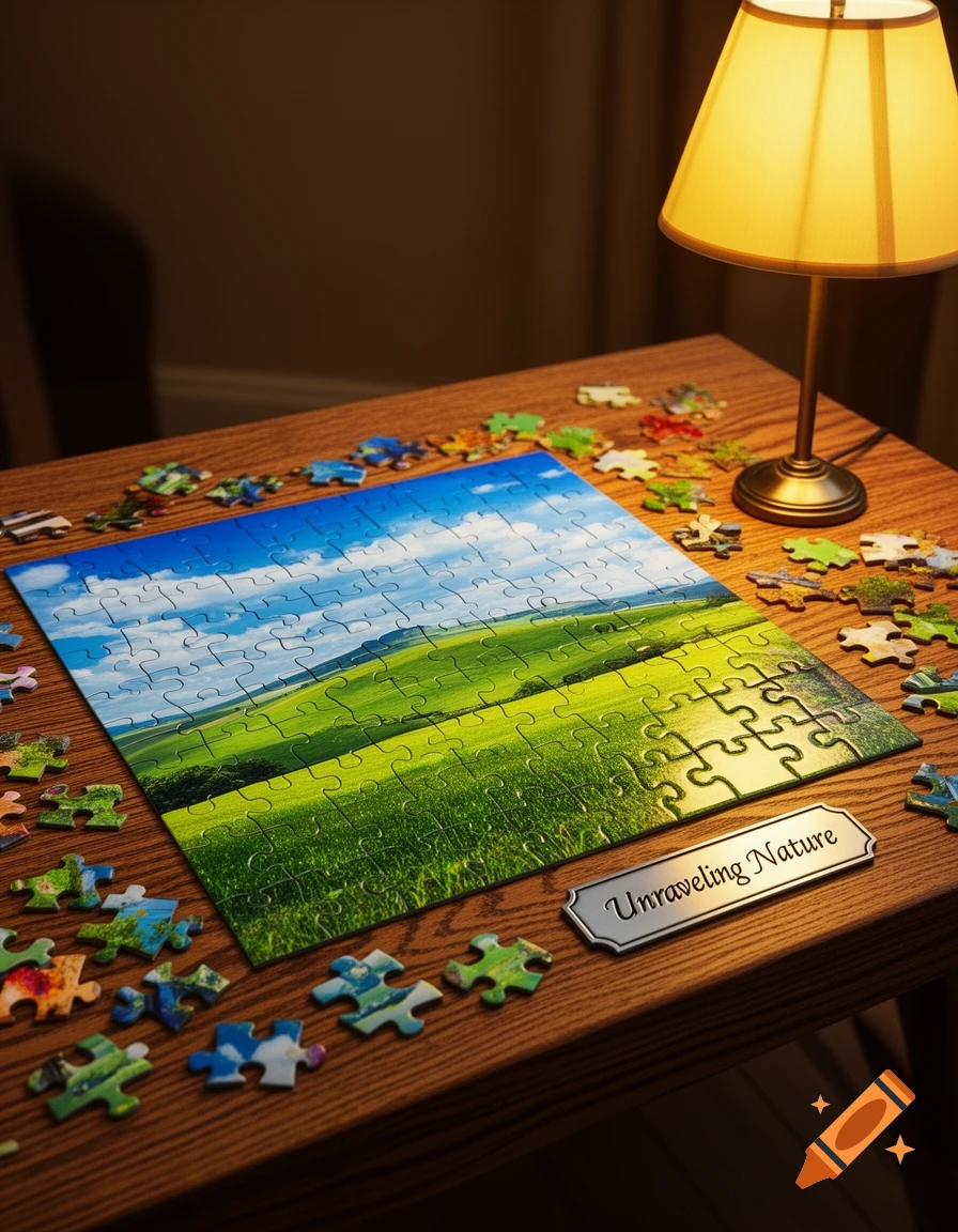 A photorealistic jigsaw puzzle of a green landscape, partially assembled on a wooden table, with loose pieces, a lamp, and a plaque reading "Unraveling Nature".