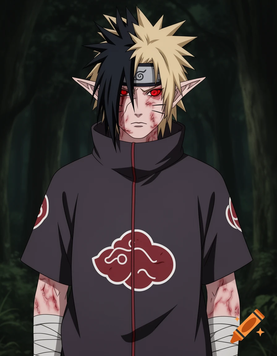 Anime character with split black and blonde spiky hair, red glowing eyes, elf ears, whisker marks, and an Akatsuki robe, with scars and bandages.