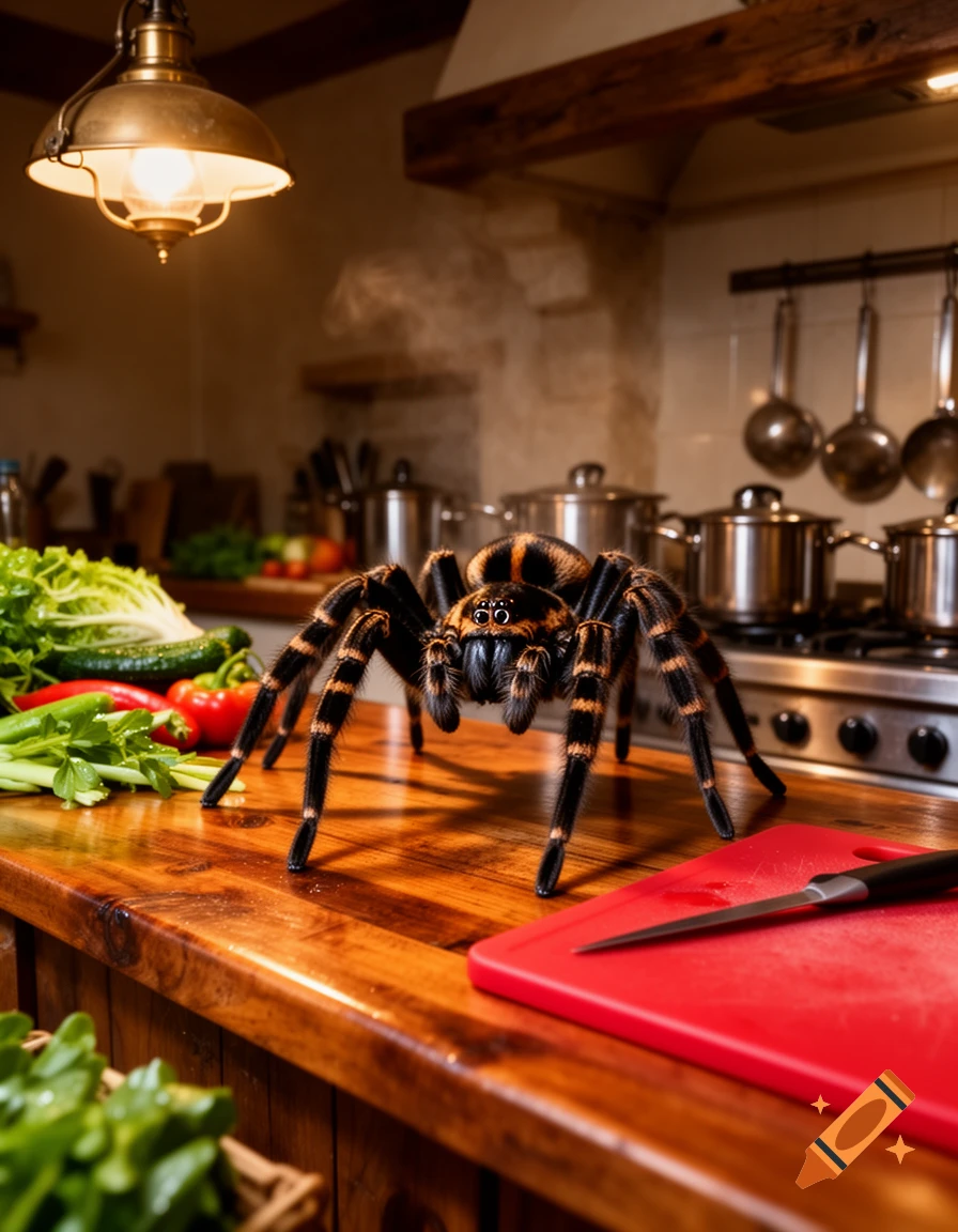 A large, black and orange striped tarantula on a wooden kitchen counter with fresh vegetables and a red cutting board. A stove with pots is in the background.