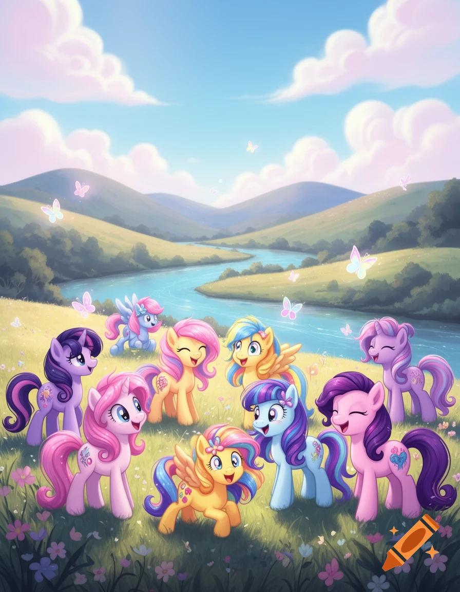 Colorful cartoon ponies with wings and horns frolic in a green, flower-filled meadow by a river under a blue sky with clouds.