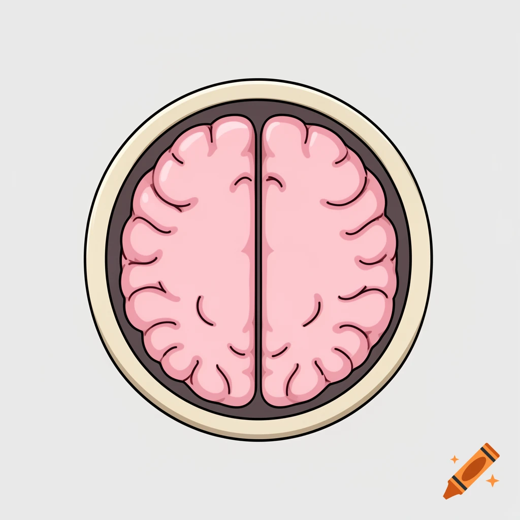 Stylized top-down view of a pink cartoon brain with two hemispheres inside a circular beige skull ring, on a light gray background.