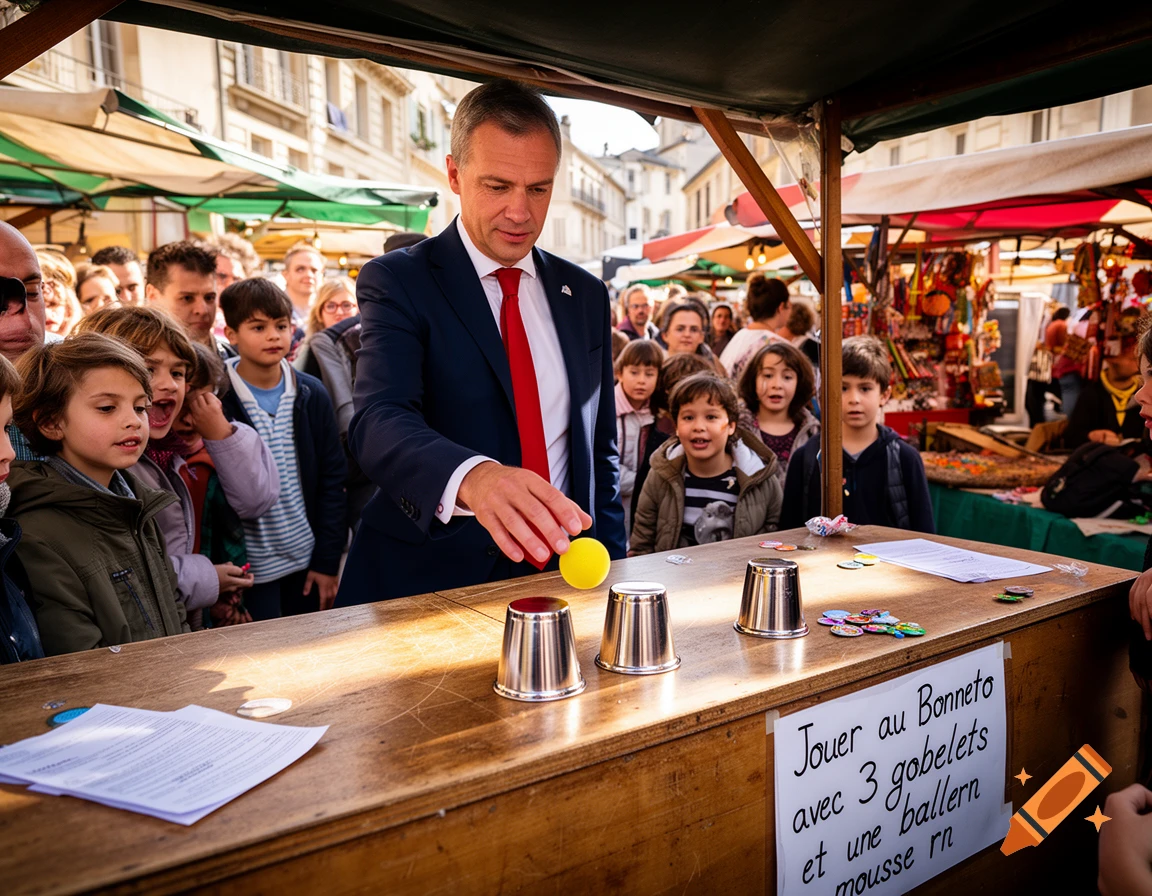 A man in a suit plays a cup-and-ball game with a yellow ball for a group of watching children at an outdoor market stall.