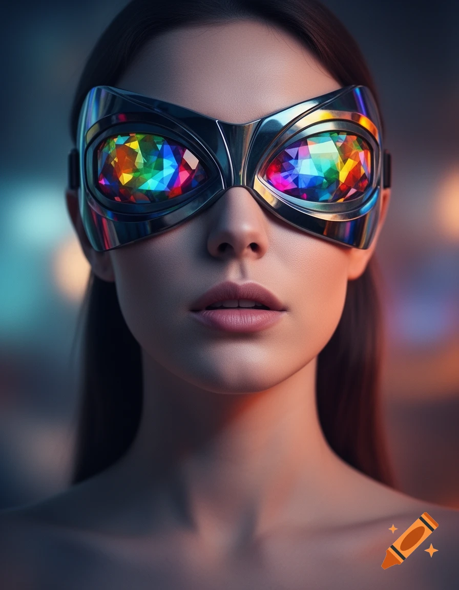 A photorealistic close-up of a woman wearing a futuristic metallic mask with vibrant, faceted rainbow lenses over her eyes.