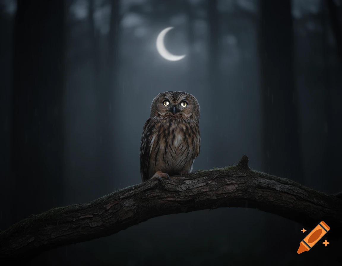 A wise owl with glowing yellow eyes perched on a mossy branch in a dark, misty forest under a crescent moon at night.