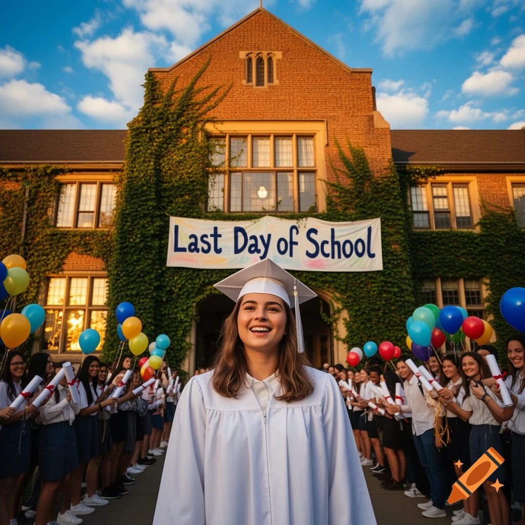 A smiling female graduate in a cap and gown stands in front of a brick school building with a "Last Day of School" banner, surrounded by other students holding diplomas and balloons.