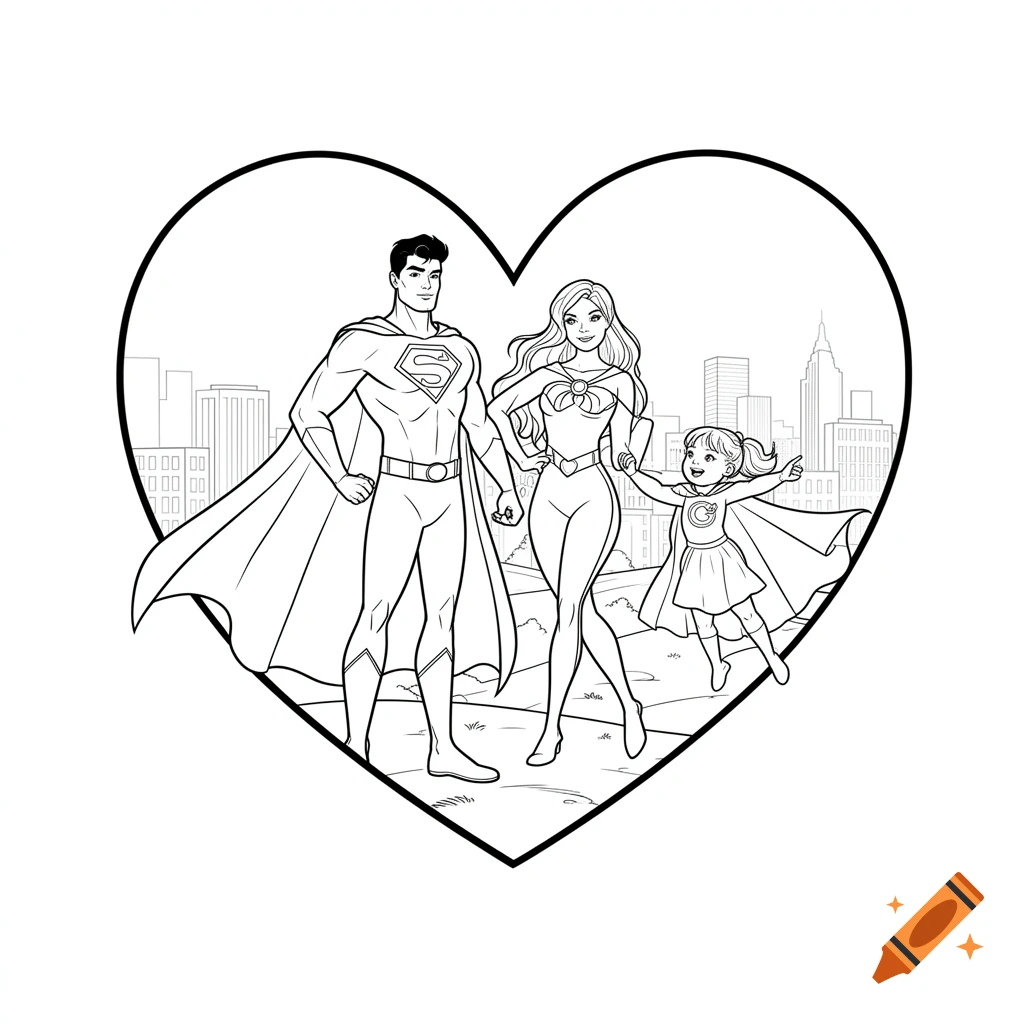 Coloring book style illustration of a superhero family, with a male, female, and toddler child, inside a heart shape.