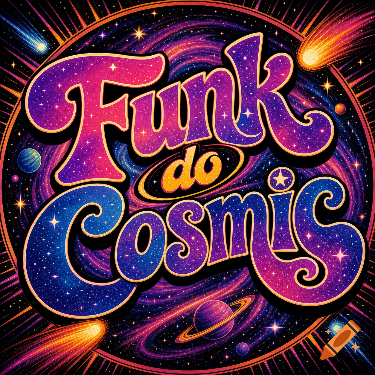 A vibrant, retro-style logo with 'Funk do Cosmic' in starry, gradient letters, set against a swirling galaxy, planets, and comets.