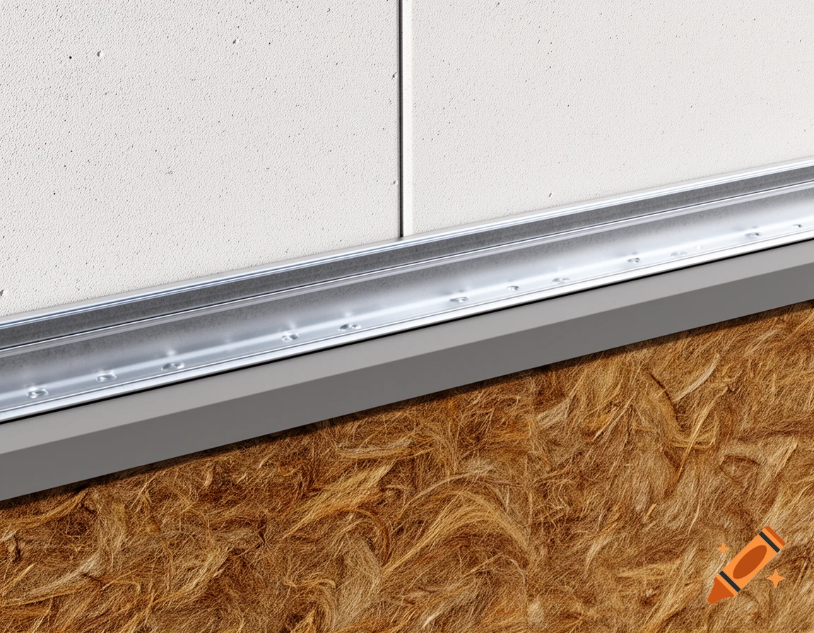 Close-up of building materials: textured white drywall, a shiny metallic c-channel, and fibrous brown mineral wool insulation.