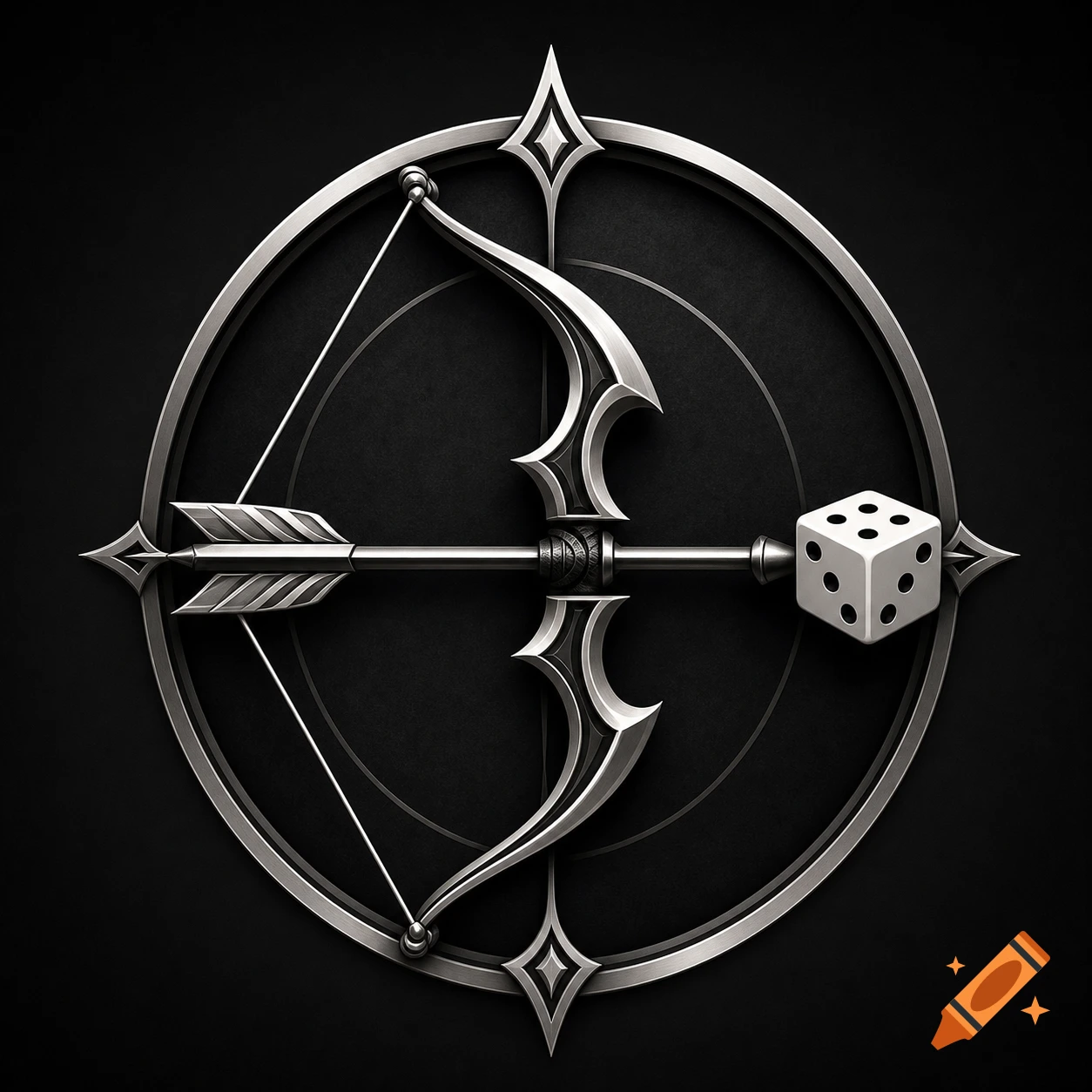 Stylized silver bow and arrow logo with a white die as the arrowhead, on a dark background.