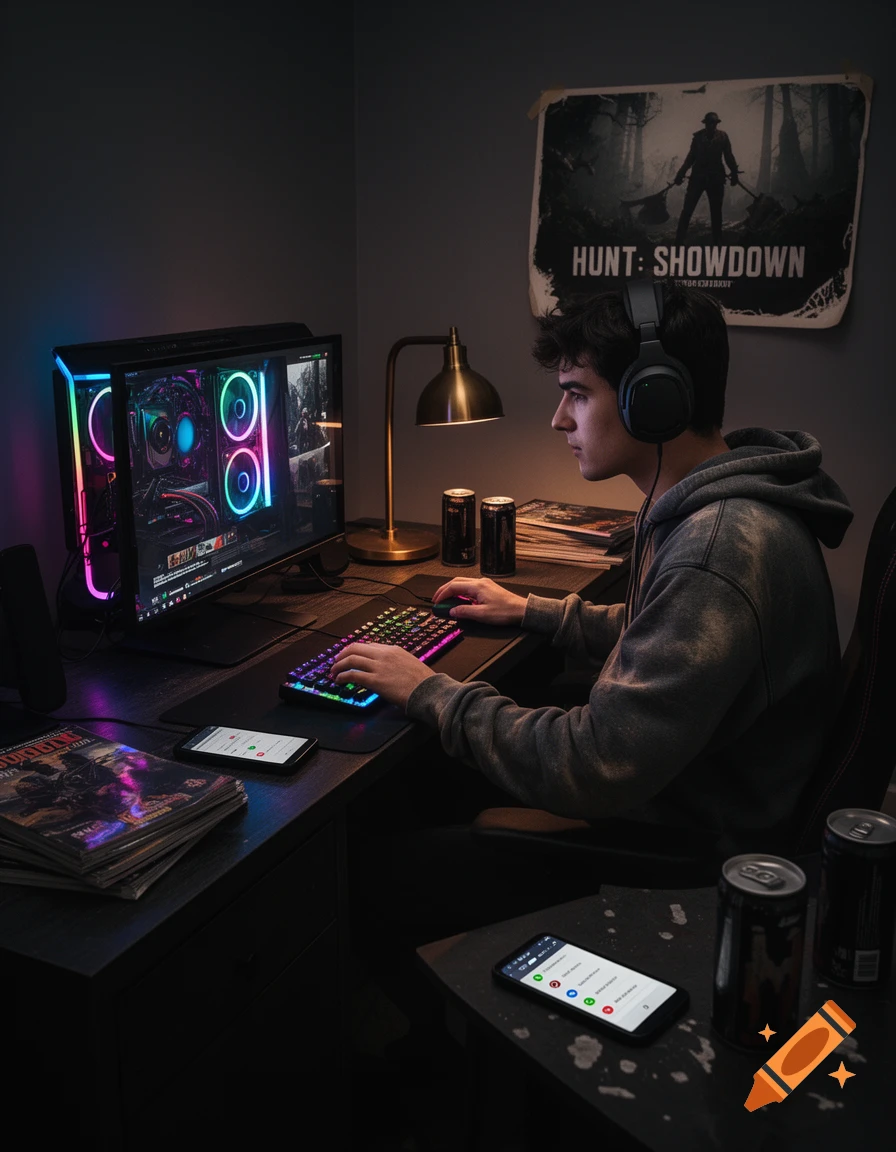 A young man with headphones on, intensely playing a video game at a desktop computer with RGB lighting in a dimly lit room.
