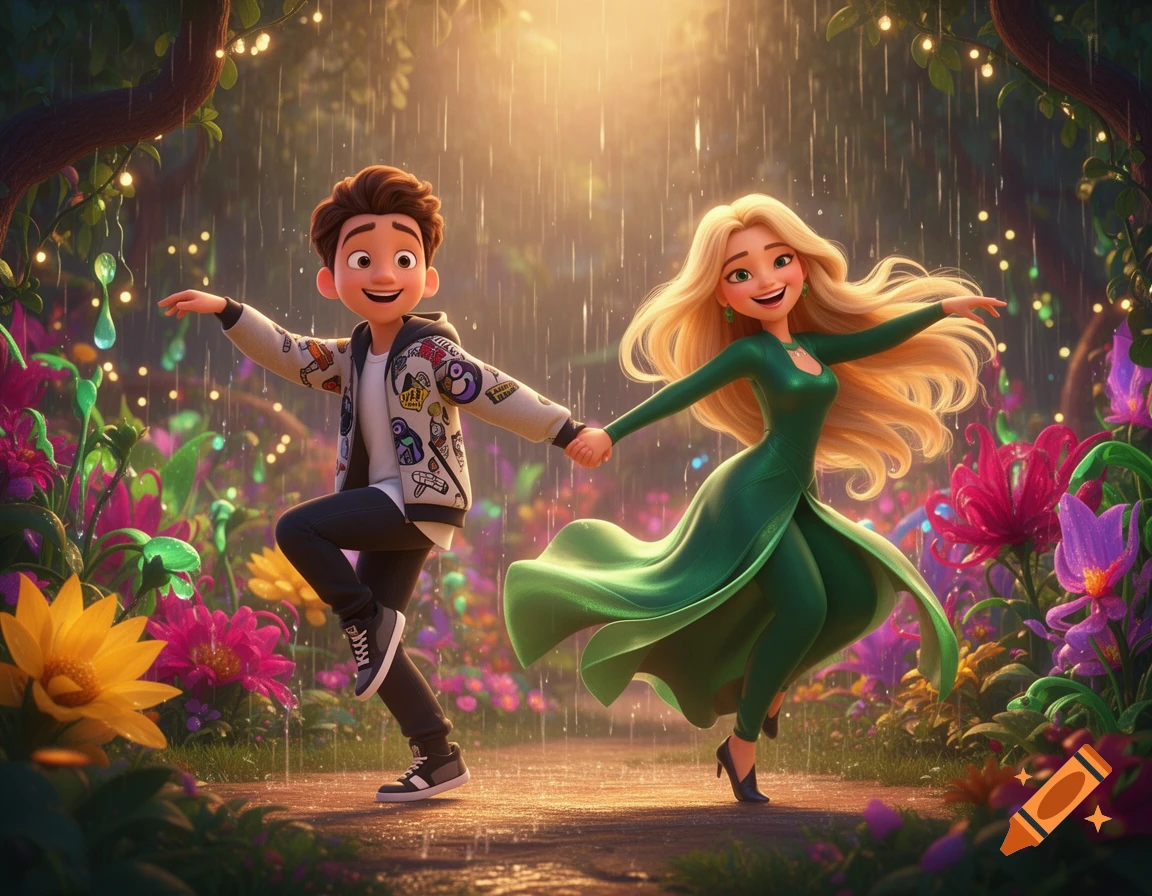 A smiling cartoon man and a blond woman in a green dress happily dance in the rain in a vibrant, magical garden, Pixar style.