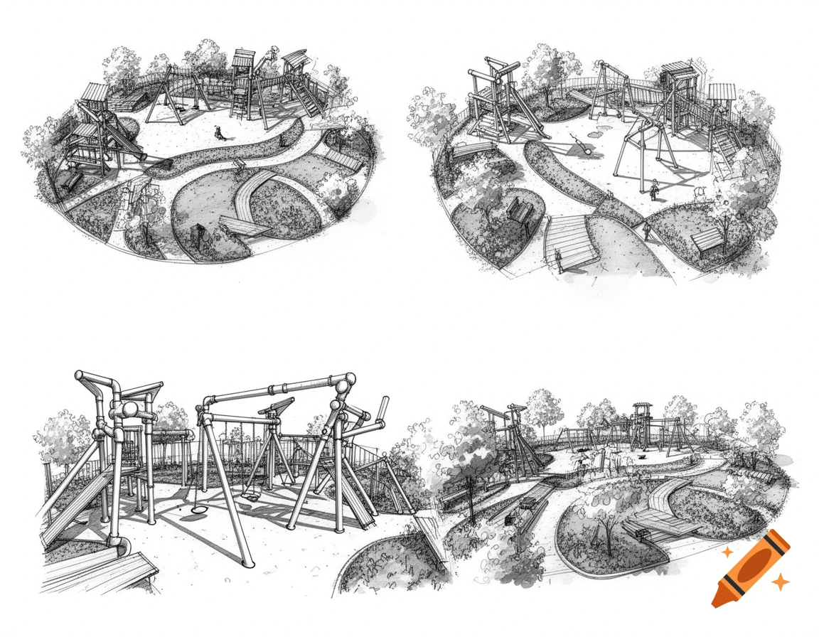 Four black and white architectural sketches of different playground or park designs, featuring structures made of tubes and wooden planks, paths, benches, and trees.