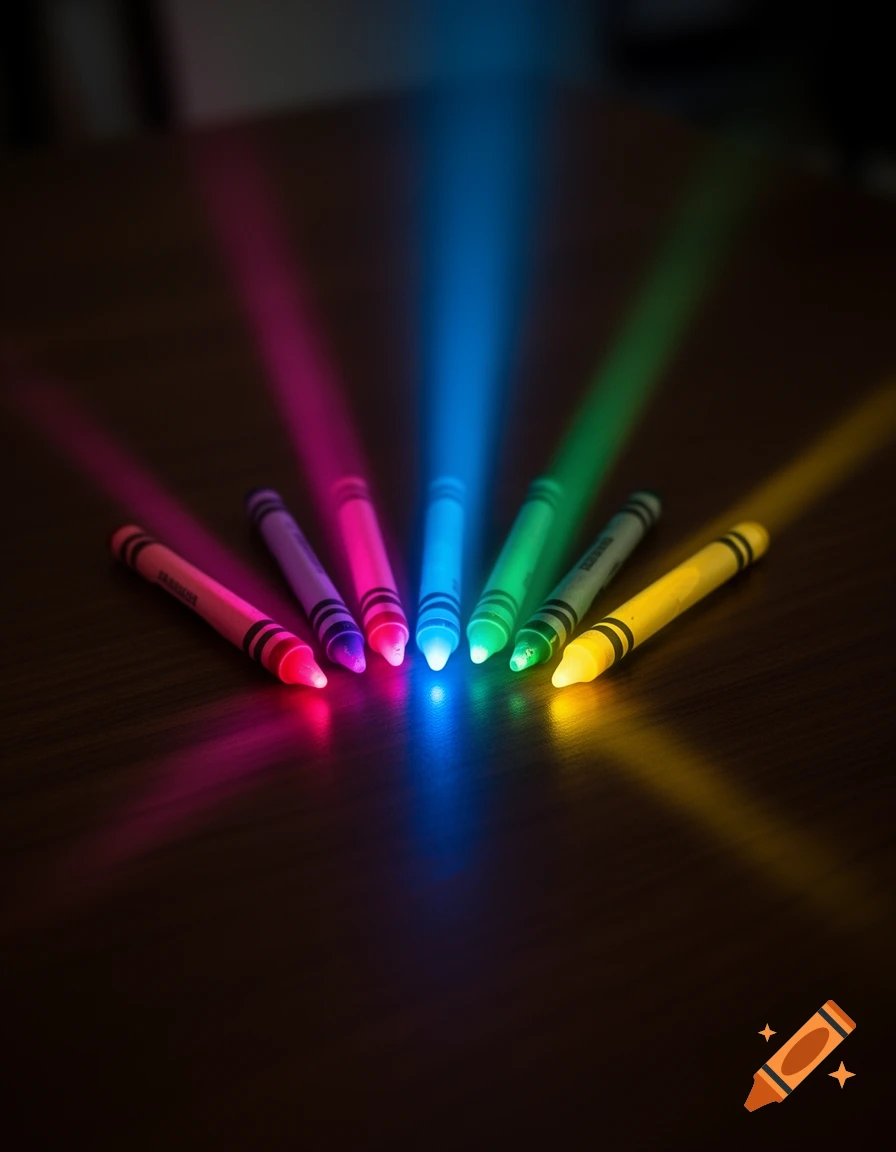 Seven glowing crayons in a semicircle on a dark surface, each casting a vibrant ray of colored light.