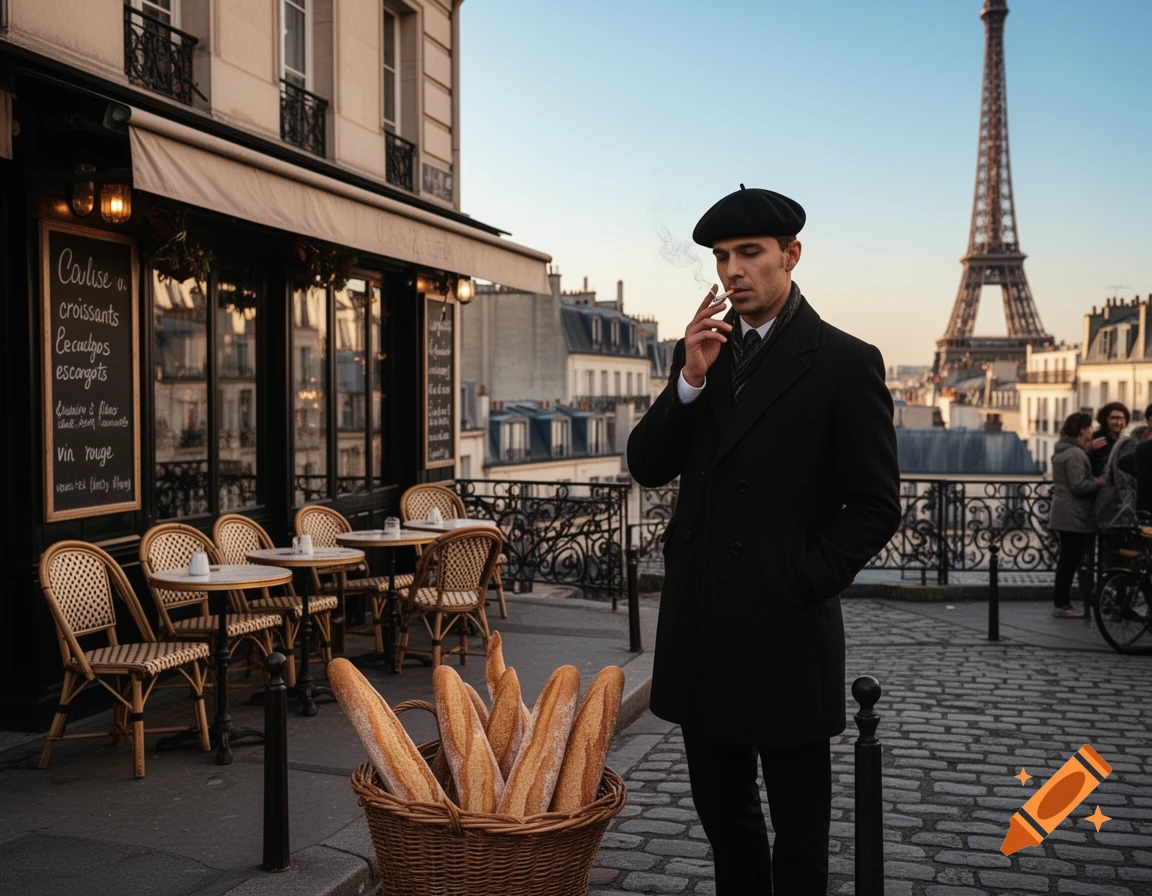 Photorealistic photo of a man in a black beret smoking by a Parisian cafe with baguettes, Eiffel Tower in background.