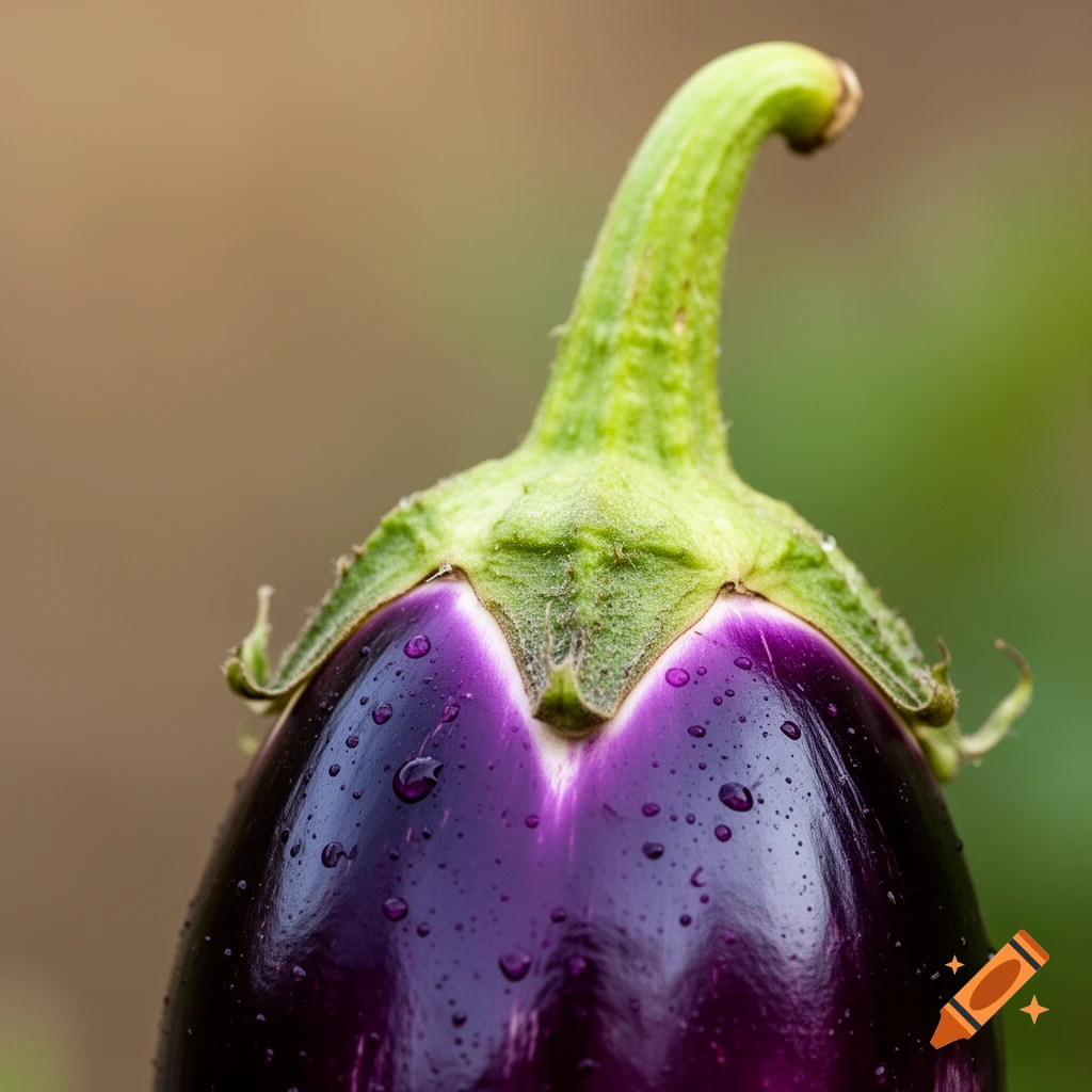 A close-up of a vibrant purple eggplant covered in small water droplets, with its green stem.