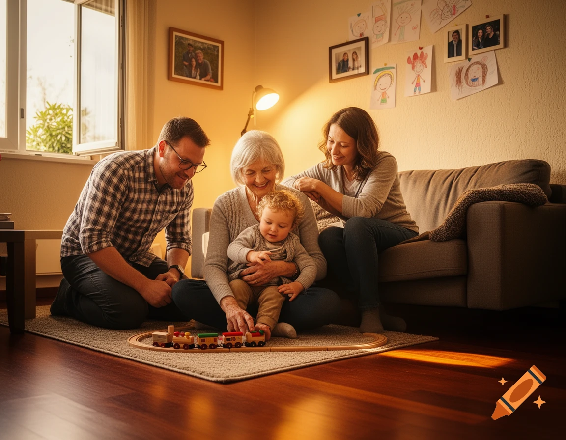 A multi-generational family plays with a toy train on a rug in a cozy, sunlit living room.