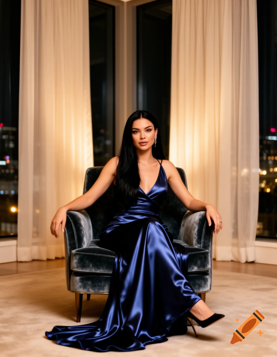 A woman with long dark hair, in a flowing blue satin gown, seated elegantly in a velvet armchair against a city night view.