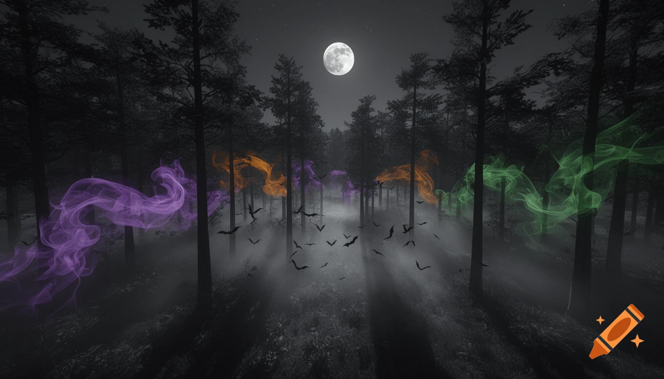 A mysterious dark forest at night with a bright full moon, heavy fog, numerous flying bats, and swirling trails of purple, orange, and green smoke.